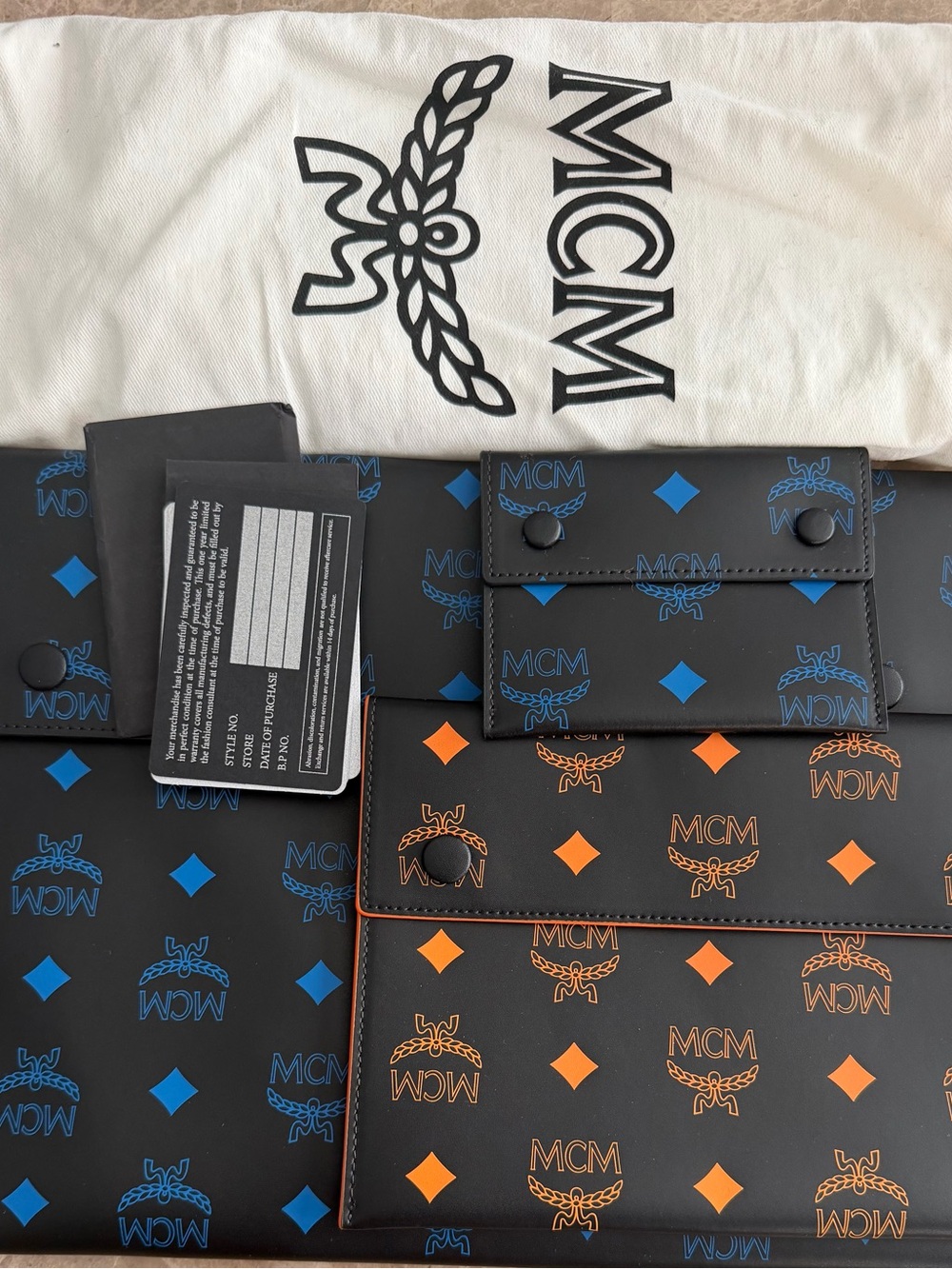 MCM Black Leather Wallet & Card Holder Set with Blue and Orange Print